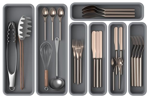 K KORKUAN 7 Pack Silicone Silverware Drawer Organizer, DIY Free Combination Kitchen Drawer Organizer, Utensil Organizer, Moisture-proof and Heat-resistant up to 200°C, Anti-slip Design (Grey)