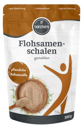 BORCHERS Coquilles de psyllium moulues 500 g, avec inuline, effet gonflant, riche en fibres, végétalien, populaire en pâtisserie, pour aliments et boissons, neutre au goût