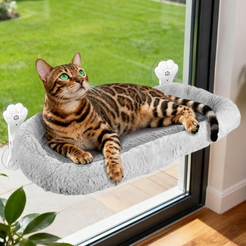 Hamaca Gato Fenetre, Hamaca para gatos 60 x 30 cm, Ventosas potentes, poco espacio, carga máxima 18 kg (Gris)