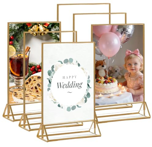 Nuoyiman Acryl-Bilderhalter, 6er-Pack, goldene doppelseitige Fotorahmen | Tischkartenständer für Hochzeitsdekoration, Hochzeiten, Restaurants, Cafés, Zeichnungen, Bilderrahmen für Kinder