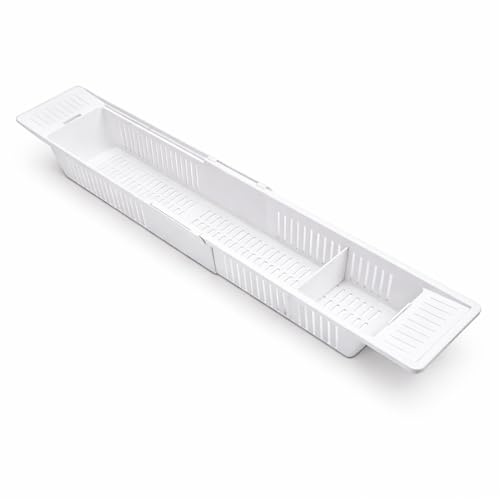 Greenfields Bathroom Basket 57-86cm Plastic Bathtub Caddy Tray Adjustable Expandable Drain Bath Shelf Caddy Tray Storage Rack Bathtub Rack Toy Storage Shower Storage Rack for Candle Towel Book Wine