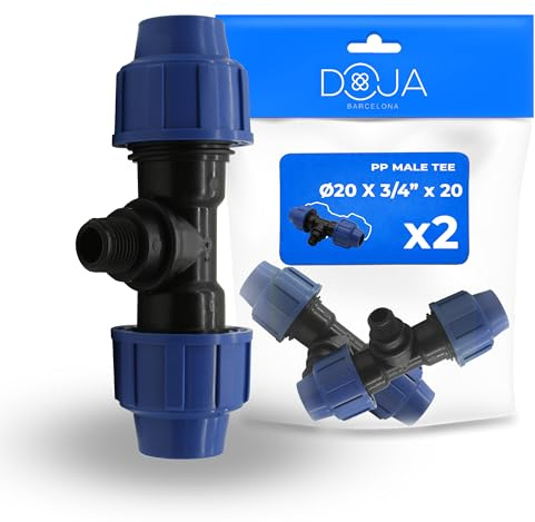 DOJA Barcelona Conector de Tuberia de PP en T Macho Roscado - Pack 2-20x3/4x20mm - T de Polietileno, Unión Estanca - Racor Tuberia PE, Conexión Rápida y Segura, Resistente Corrosion, Buen Ajuste