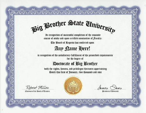 Big Brother Degree: Custom Gag Diploma Doctorate Certificate (Funny Customized Joke Gift - Novelty Item)