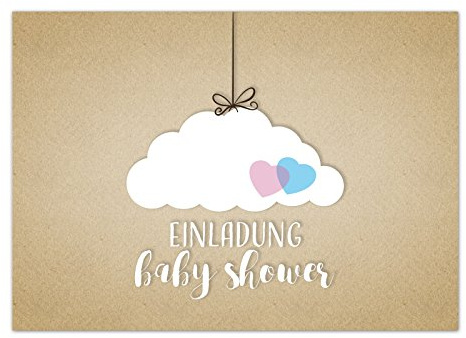 8 x Einladung Baby Shower Party/Einladungskarten mit Umschlag im Set/Motiv: Wolke auf Kraftpapier Look - blau und rosa Herzen/Babyparty Karte/Postkarte /