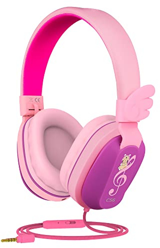 Riwbox Kids Headphones wired, CS6 Lightweight Foldable Stereo Headphones Over Ear Corded Headset Sharing Function with Mic and Volume Control for Phone/PC/Kindle/Tablet (Purple&Pink)