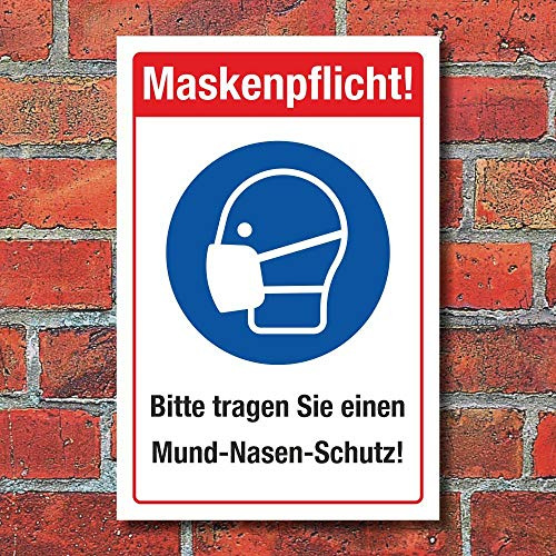 Schild Maskenpflicht Mund-Nasen-Schutz tragen 300 x 200 mm | 3 mm Alu-Verbund, wetterfester UV-Direktdruck, robust und langlebig, Made in Germany