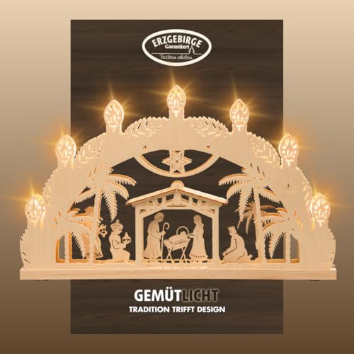 weigla - Schwibbogen original Erzgebirge I LED Lichterbogen Weihnachten I Motiv Betlehem I 7 Lampenkerzen + 1 Ersatzlampe I 7 x 34 V, 0,2 W, E10 I beleuchtete Weihnachtsdeko innen