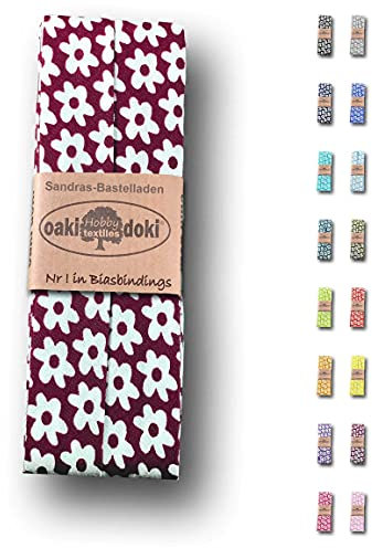 Sandras-Bastelladen Schrägband/Einfassband Baumwolle gefalzt 3m x 20mm - Blumen Muster 3014-Dunkelrot-Weiß