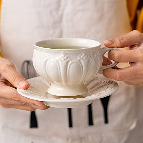 Cappuccino Mug British Embossed Vintage Soup Cup with Handle, Vintage Porcelain Coffee Cup, Salad Bowl Soup, Cereal, Ice Cream Bowl Dishwasher Safe,White
