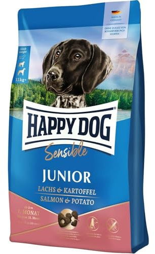 Happy Dog Supreme Sensible Junior Huhn, Lachs & Kartoffel 10 kg | Junghundefutter ab 7. Monat, weizenfrei, 81 % tierisches Protein, Großgebinde mit Lachs & Kartoffel