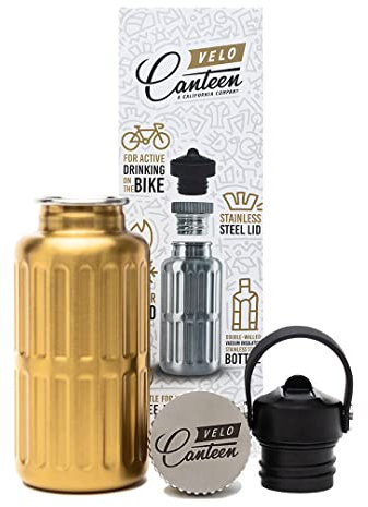 Velo Canteen 400 ml, passt in Fahrrad-Flaschenhalter, 2 Deckel (Strohdeckel), goldfarben, doppelwandig, vakuumisolierter Edelstahl, Kaffeeflasche