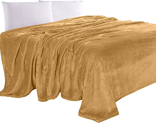 Elegant Comfort Luxury Velvety Feel Blanket, All-Season Lightweight Blanket, Ultra Plush, Soft, Cozy-Fuzzy Flannel Fleece for Couch, Sofa, Bed, Travel, Solid Design, Full/Queen, Gold-Yellow