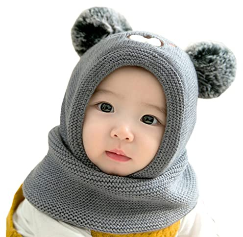 Baby SchalMütze Warm gefüttert Kinder Strickmütze Niedlich Bär Schlupfmütze Wintermütze mit Bommel Beanie für Mädchen und Jungen Unisex Babymütze