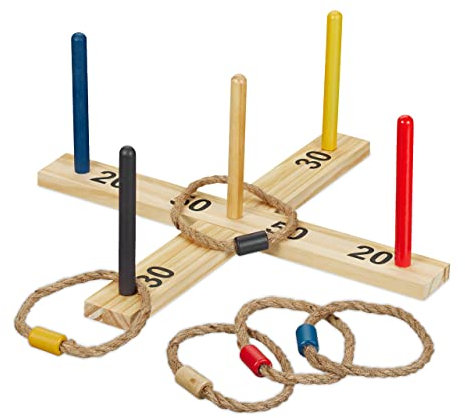 Relaxdays Ringwurfspiel, Holzwurfspiel für Kinder & Erwachsene, Ringe werfen, drinnen & draußen, Gartenspiel, mehrfarbig, 1 Stück