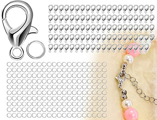 ZoeTekway 300 Stück Kettenverschluss Set, 100 Stück Karabinerverschlüsse Silber Schmuckverschlüsse mit 200 Stück Öffnen Biegeringe, verschlüsse für armbänder Halsketten, Schmuckherstellung(Silber)