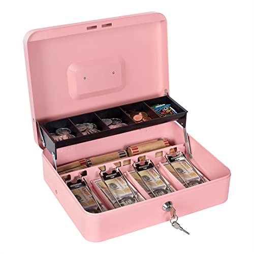 Geldkassette mit Geldablage und Schloss, Metall-Geldkassette für Registrierkasse, große Schlossbox zum Geldsichern 30 x 24 x 9 cm, Rosa
