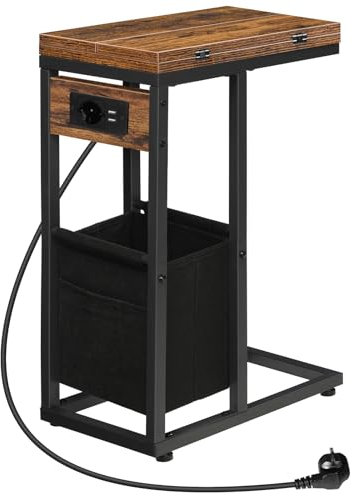 HOOBRO Beistelltisch mit Ladestation, C-Form, Klappbarer Couchtisch mit Stofftasche, Nachttisch mit Steckdose und 2 USB-Anschlüsse, für Wohnzimmer, Vintagebraun und Schwarz EBF30CSF01
