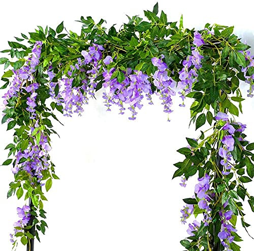 Hiveta Artificial Flowers Outdoor, 4PCS 2m/7ft Wisteria Artificial plants Vine Hanging Trailing Plants String Flower Garlands for Garden Indoor Home Living Room Wedding Decorations