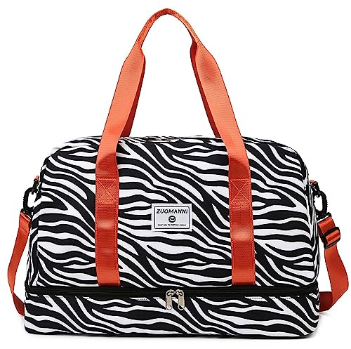Vllcsla Borsa da Palestra Donna Grande, Borsa Sportiva con Scomparto Scarpe e Tasca Bagnata, Grande Capacità Borsa da Viaggio Duffel per Sport/Viaggi, 51x26x32 cm, Zebrata, Nero Bianco Arancia, D