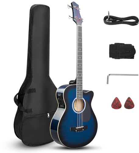 Ktaxon 4 String Acoustic Bass Guitar, Full Size Bass Guitar Kit, Blue