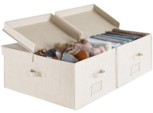 StorageWorks Extra Large Storage Bins with Lids, 55L Decorative Organizer with Divider Board, Fabric Boxes with Handles, Khaki and Beige Stripes, 2-Pack