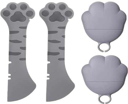 Ygapuzi 4Pcs Pet Food Can Supplies Set Universal Silicone Can Covers Cat Can Lids 2 in 1 Spatula Pet Can Opener Dog Claw Spoons for Pets Dogs Cats Feeding Wash Machine Apply (Blue Cat Grey)
