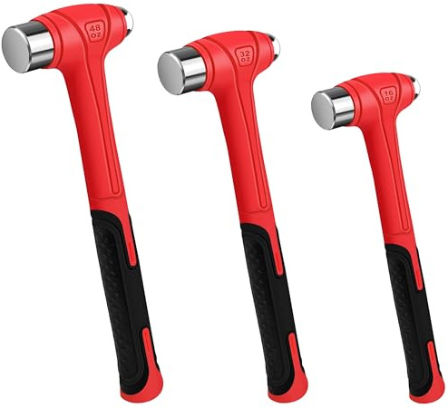 C&T 3 Piece Ball Peen Hammer, 16oz 32oz 48oz, Fiberglass Handle hammer for Ball Peen, Blow Striking Ball Pein Hammer Handle Tool with Forged Steel Construction for Metal Working