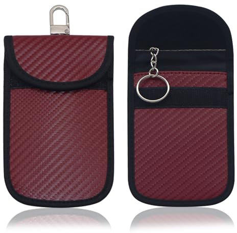 Keyless Go Schutz Autoschlüssel, 2 Stück Funkschlüssel Abschirmung Schlüsseltasche RFID Blocker Schlüsseletui Kohlefaser Leder Faraday Keyless Go Schutzhülle (Rot)