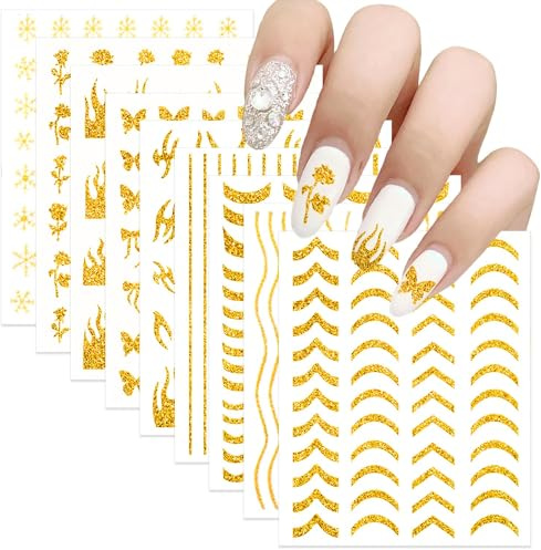 SILPECWEE 8 Sheets Gold Glitter Nail Art Stickers Decals for Women Kids French Nail Stickers French Tip Stripe Flame Flower Butterfly for Nails Design 3D Self-Adhesive Manicure Decoration