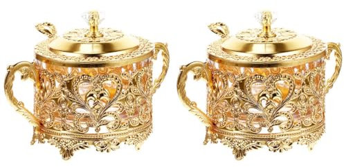 Kichvoe Azucarero 2 Juegos de Azucarero Turco con Tapa Y Cuchara Recipientes para Condimentos Caja de Condimentos Salero en Relieve Dorado Tarro de Dulces de Vidrio Accesorios para Barra