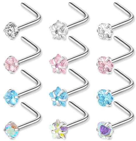 Yolev 12pcs Nose Rings Stainless Steel L-Shaped Nose Stud Screws with Cubic Zirconia Nose Piercing Jewellery for Women Men L Shape Czech Crystal Small Nose Piercing Set
