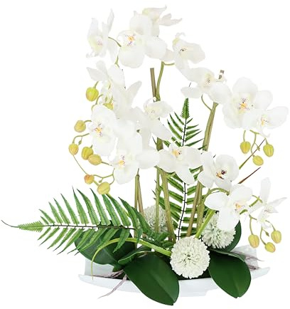 Flair Flower Künstliche Orchidee in Keramik-Schale Kunstblume Blume Kunstorchidee Phalaenopsis mit Übertopf Kunstpflanze Hochzeit Deko Schmetterling Dekoblume Seidenblume Blumenarrangements, weiß
