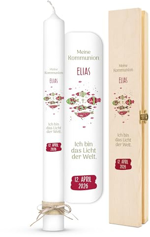 AMARI ® Kommunionkerze personalisiert Glaubensfisch H:40cm/⌀:4cm - Kerze für Kommunion - Selbst gestalten