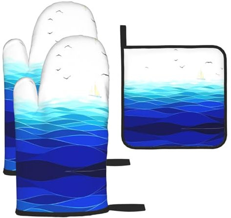 Ocean Waves Segelboot mit Vögeln Maritime Ofenhandschuhe und Topflappen, Grillhandschuhe und Halter zum Kochen Backen (3-teiliges Set)
