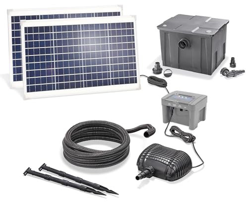 Esotec Solar Premium Teichfilterset 70/2800, Teichfilter Komplettset mit Pumpe, 4 Stufen Filterung, LiFePo4 Akku, Förderleistung 2800 l/h, 2 Solarmodule, Teichpumpe außen, 101091