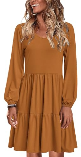 Zeagoo Vestido de manga larga elegante con volantes para mujer, cuello en V, línea A, cintura alta, mini vestido de túnica casual con bolsillos, marrón, S