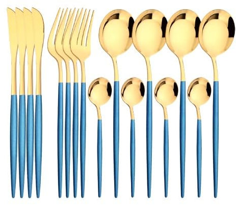 Juego de cubiertos de acero inoxidable dorado, 16 piezas, cuchillos, tenedores, cucharas, azul dorado