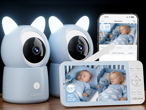 CZEview Videobabymonitor med 2 Kameras, 2.5K 5,5-Tums stor LCD-Skärm, Mörkerseende & Nattlampa, 360° Babyvakt, Vaggvisor, Rörelse-, Ljud- & Temperaturdetektering, Realtidsvarningar