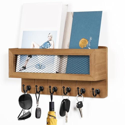 IXTIX Schlüsselbrett Holz 33 * 17 * 9cm mit Aufbewahrungskorb und 6 Vintage Schlüsselhaken Großer Stauraum Schlüsselhalter Retro für Eingang Flur Büro (Holz)