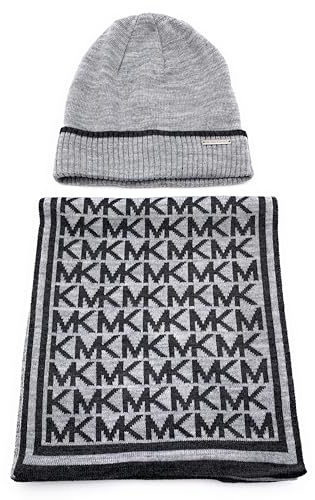 Michael Kors Schal & Mütze SET I Winterschal I Beanie I Wollschal I Wintermütze I One Size I Weiche Acrylwolle I Logo I Grau-Schwarz I Geschenkkarton4846