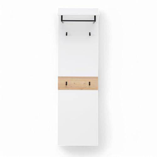 Memphis Garderobenpaneel in Weiß und Artisan Eiche Optik | 50 x 170 x 30 cm (B/H/T), Hutablage, Kleiderstange und 4 Haken zur Aufbewahrung von Jacken und Taschen, Garderobe