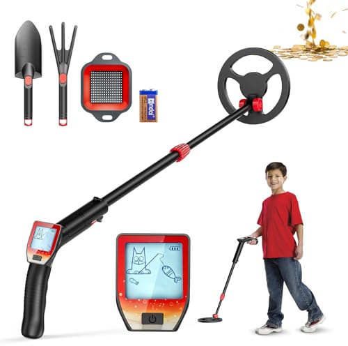 Metalldetektor für Kinder, Verstellbare Länge (16-35) Metalldetektor, LCD-Display & Leichter Metalldetektor Kinder mit 6.5 wasserdichter Spule, Schaufel, Rechen zum Erkennen von Münzen(Rot)