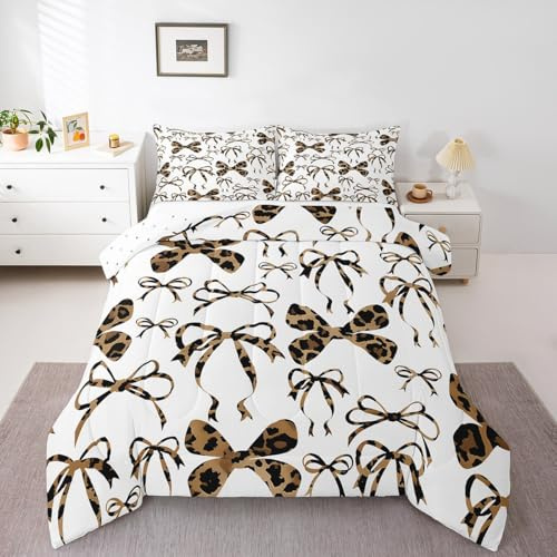 Feelyou Cute Bowknot Comforter Set Toddler Size Brown Black Girls Bow Bedding Set Kawaii Leopard Duvet Quilt Breathable Soft Lightweight Microfiber Princess Decor