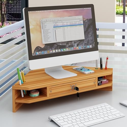 FHPEWXDG Desktop-Eckmonitorständer mit verriegelbarer Schublade, dreieckiger Eckständer für Computer, universelles Schreibtisch-Aufbewahrungsregal für Drucker/Bildschirm/Laptop