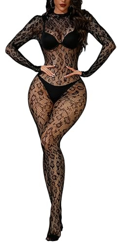 XIUSEMY Lingerie for Women Fishnet Bodystocking Attached Stockings Sexy Bodysuit Soft Nightwear Plus Size(BW Black)