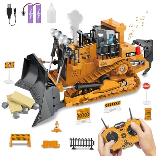 HERMORRYSS Bulldozer Telecomandato, 2.4GHz RC Bulldozer Giocattolo con Luci, Suoni Realistici e Vapore, Pala Bulldozers RC con Benna e Accessori, Regali Giocattolo per Bambino e Bambine di 3+ Anni