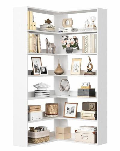 IRONCK Corner Shelf 6 Tiers, 180cm Tall Corner Bookshelf, L-Shaped Bookcases free standing with Baffles, wooden book shelf, Storage Display Rack, Shelving Units for Living Room Bedroom Office (White)