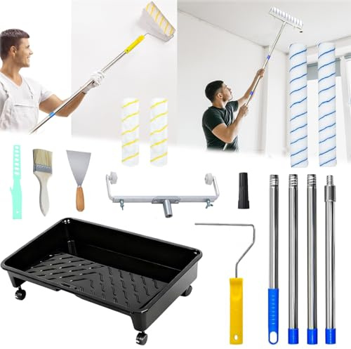 15 PCS Paint Roller Set,Roller Sets for Painting with 2 Pcs 18'' + 9'' Paint Roller Sleeve,Extendable Paint Roller Frame, Paint Roller Tray with Wheels,Extension Pole Scraper for Walls Ceiling Doors