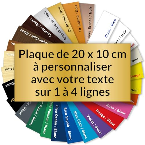 Plaque personnalisée en acrylique 20x10 cm – Gravure laser durable – 27 couleurs & 10 polices – Texte de 1 à 4 lignes – Résistante UV, pluie et détergents – Fixation adhésive M3 – Signalétique pro