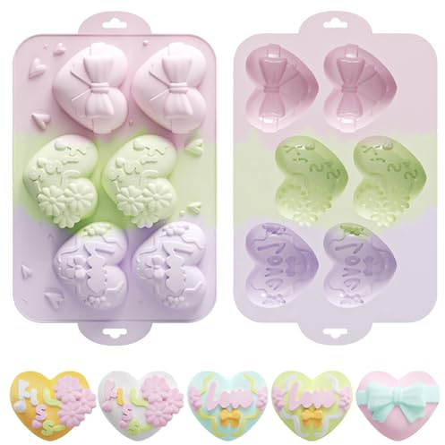 2 Pcs Valentine's Day Heart Chocolate Molds, 3D Heart Shape Candy Silicone Molds for Chocolate Cake Jelly Pudding Handmade Soap Mould Candy Making (Color Blocking)